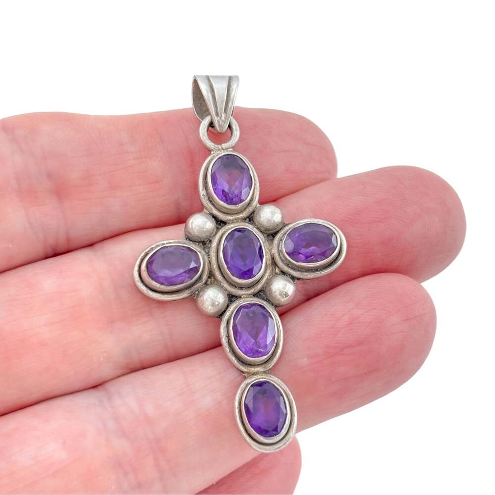 Vintage Sterling Silver 925 Six-Stone Amethyst Cross Pendant